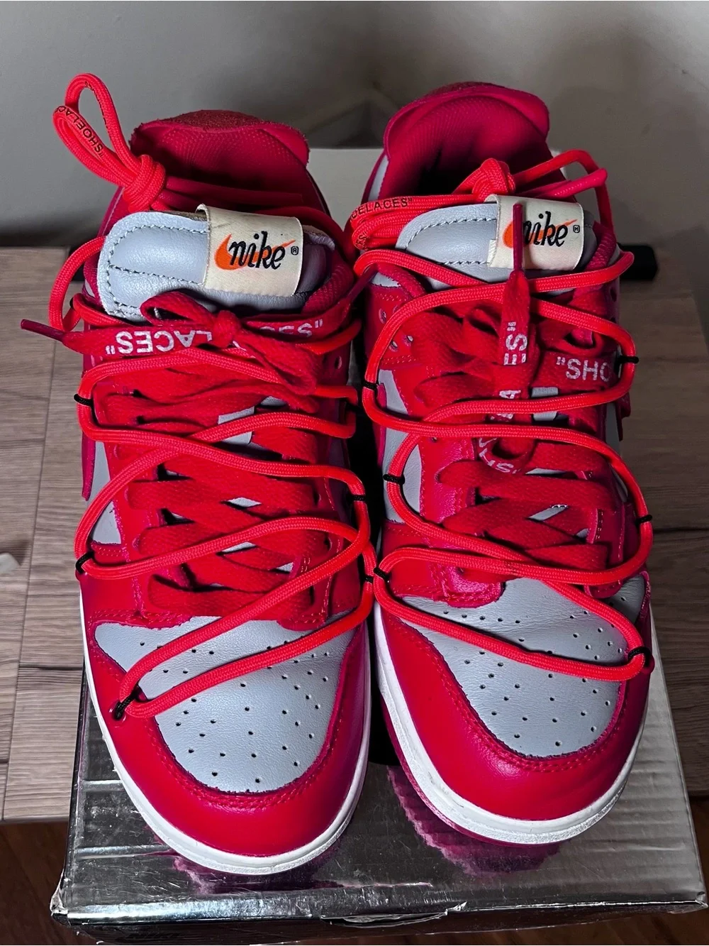 Nike Dunk Low x Off-White University Red 2019 with Double Laces